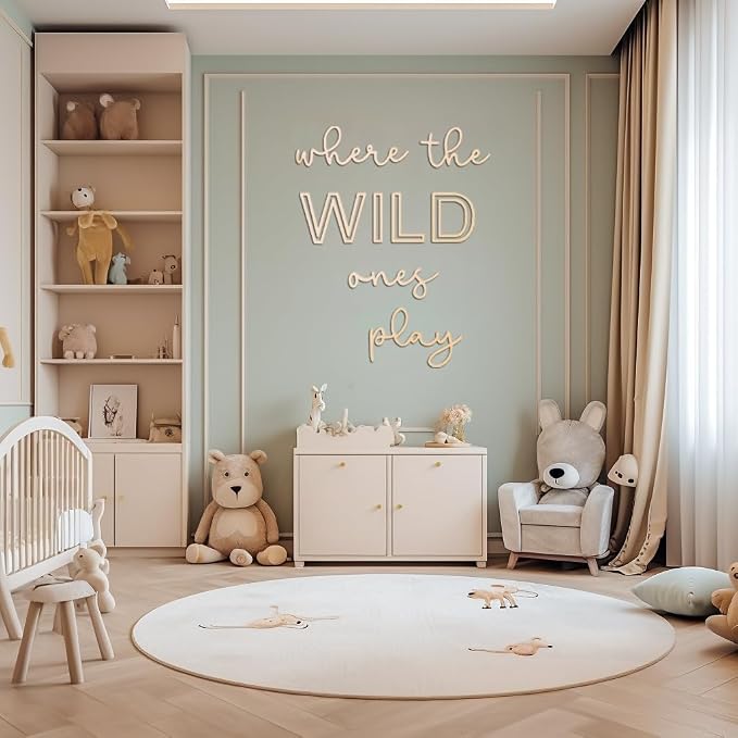 Playroom Wall Decor, 40“ XXL Where The Wild Ones Play Nursery Sign Wooden Wall Art Decoration for Kids Toddler Room Decor Boys and Girls Home Bedroom Word Sign (Wood - Natual Color)