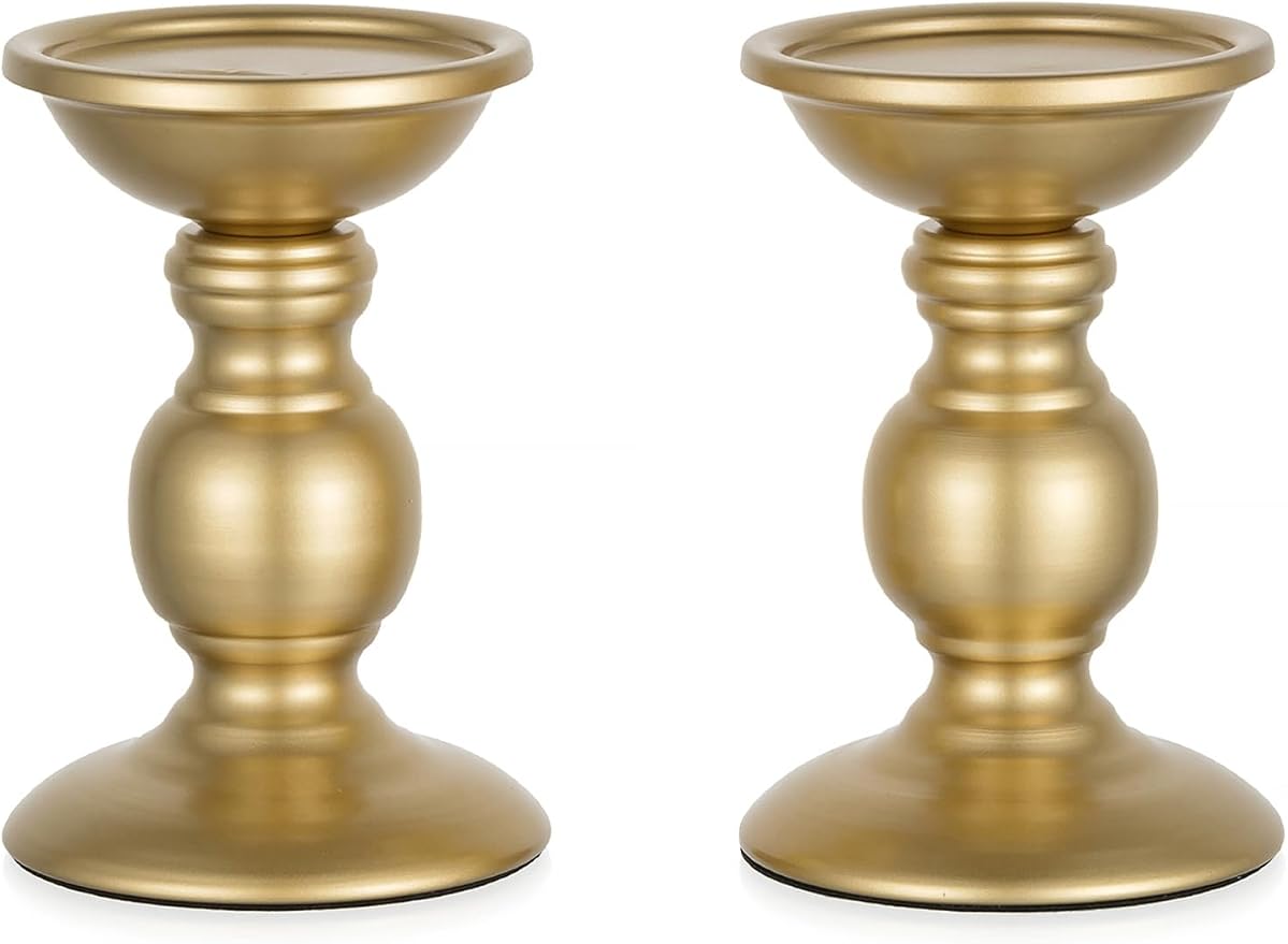 Set of 2 Gold Metal Pillar Candle Holders for 3 inches Dia Candle, Wedding Centerpieces Candlestick Holders Stand Centerpiece Decoration Ideal for Weddings, Special Events, Parties