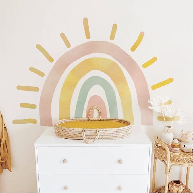 Large Fabric Watercolor Boho Half Sun Wall Decals Peel and Stick, Rainbow Wall Murals Stickers, Pastel Sunrise Wall Art Decor for Kids Room Playroom Nursery Bedroom, 44.09" x 29.13"
