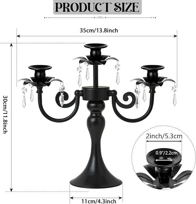 Metal 3 Arm Candelabra with Crystal Pendants - 11.8 Inch Tall Candle Holders, Set of 6 - Elegant Taper Candlestick Stand for Wedding, Dining Table, Christmas Party Home Decoration (Black)