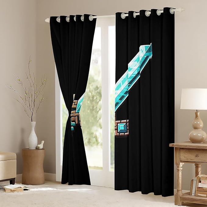 Castle Fairy Blue Sword Window Curtain,Pixelated Check Sword Bedroom Decor Curtains,Sandbox Block Gaming Window Treatment Boys Teens Modern Black Games Theme Blackout Drapes 2 Panels,52Wx96L