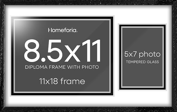 Homeforia 11x18 Black Diploma Frame with Photo, High End Oak 11 x 18 Certificate Wood Frame with Mat 8.5x11 Diploma and 5x7 Picture, 11 by 18 Wooden Document Frames, Tempered Glass, Wall Kit, Set of 3