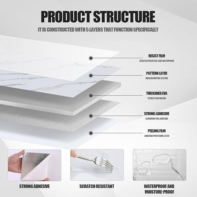 22pcs Thick Marble Peel and Stick Waterproof Wall Panels,Heat-Resistant Backsplash Tile, 23.6"x11.8" PVC Foam Wall Sticker for Kitchen,Living Rooms,TV Walls,White Gray (Not Real Tile 42.6Sq. Ft.)