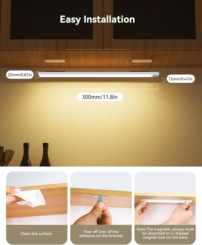 12-Pack 12-Inch Under Cabinet Lighting with 2 charging station Rechargeable Motion Sensor Light Indoor 3 Color Dimmable Closet Light,USB Stick LED Magnetic Under Counter Lights for Kitchen Stair