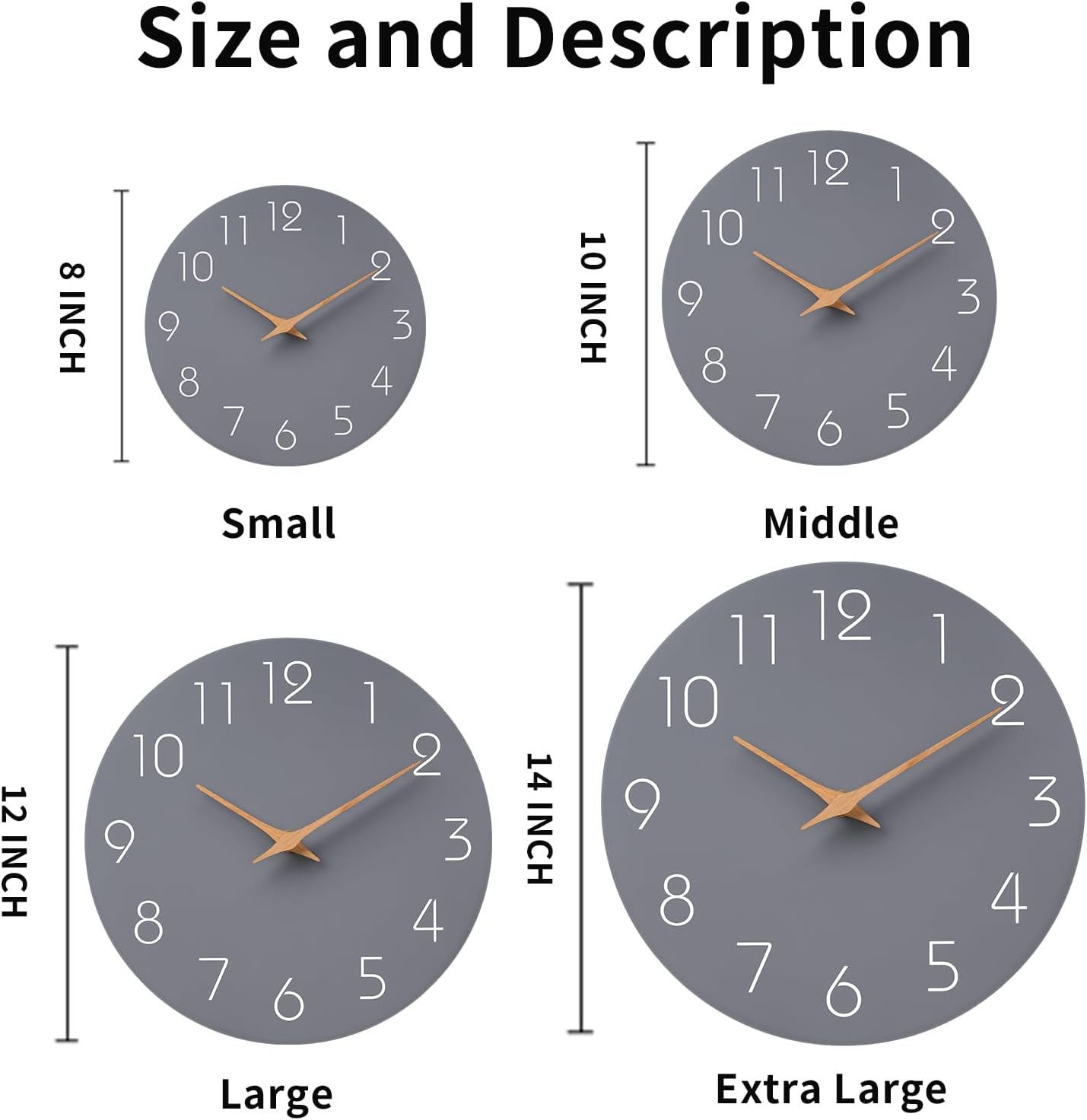 Mosewa Wall Clock 14 Inch Gray Battery Operated Silent Non Ticking Simple Modern Wood Clock Decorative for Bedroom Living Room Kitchen Home Office