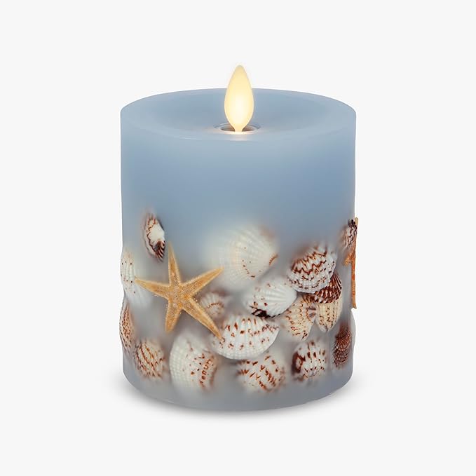 Luminara Flameless LED Candle Soft Chambray Embedded Seashell & Starfish Moving Flame Pillar Unscented Real Wax with Recessed Edge (4.5-inch)