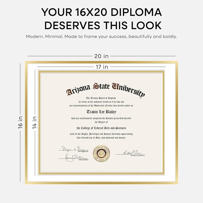 Homeforia 16x20 Diploma Frame Gold, High End Metal 16 x 20 Gold Certificate Frames with Mat 14 x 17, 16by20 Document Frame Matted to 14x17, Graduation Degree Frames, Tempered Glass, Wall Kit, Set of 3