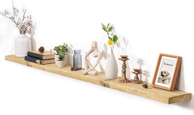 Fun Memories 72 Inch Reclaimed Wood Floating Shelves for Wall, 8 Inch Deep Extra Long Heavy Duty Rustic Farmhouse Floating Shelf with Invisible Brackets for Fireplace Mantel & TV Wall, Natural