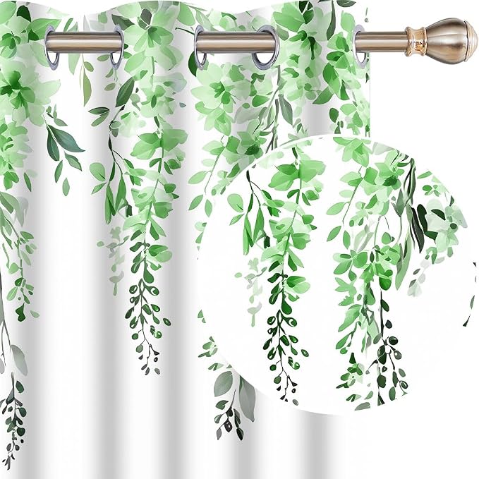 Green Watercolor Floral Curtains 84 inches Long, Botanical Leaves Vine Flowers Rustic Farmhouse Curtains, Blackout Window Treatment Drapes for Bedroom Living Room 52x84inch, 2 Panels