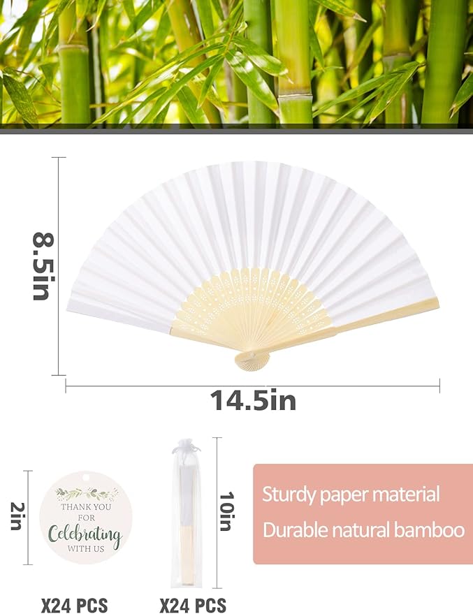 Cosweet 24 Set Wedding Hand Fans with Thank You Tags & Organza Bags, White Paper Fans Bulk Bamboo Decorative Folding Fans for Wedding Guests Party Favors Bridal Shower Church Decoration