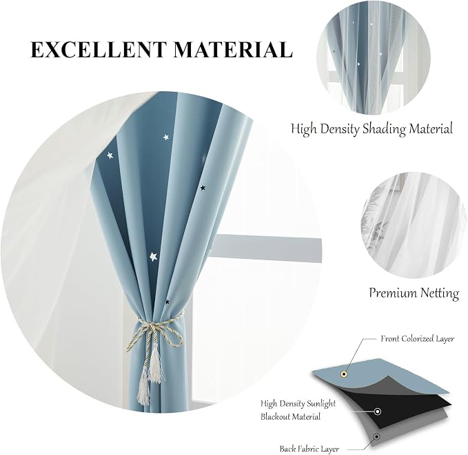 2 Panels Blue Star Blackout Curtains 102 Inches Long, Privacy Light Filtering Cute Drapes for Kids Bedroom, Thick Grommet Double Layer Nursery Princess Curtains for Glass Door (52"W x 102"L)
