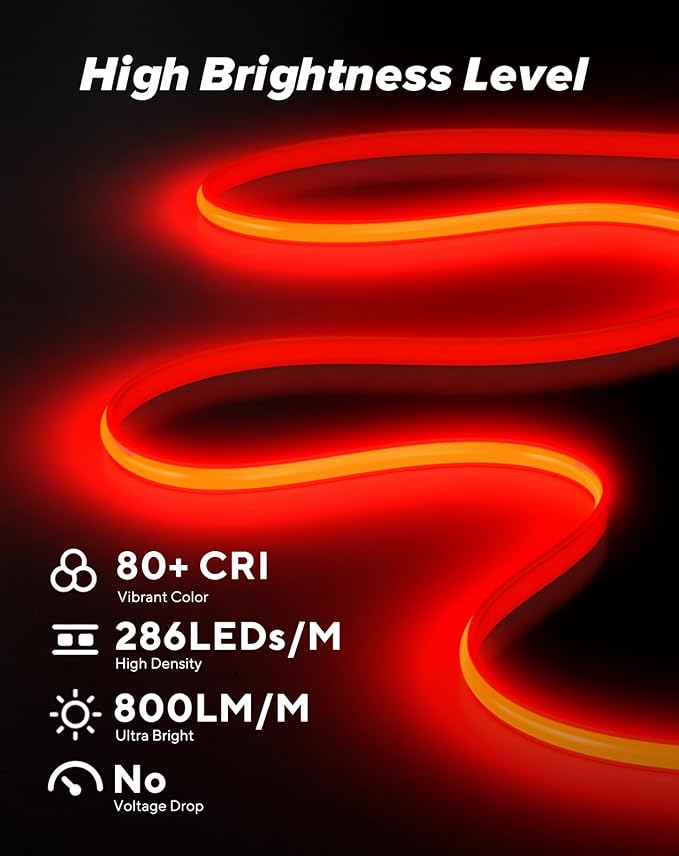Shine Decor COB LED Rope Light AC 120V, 800lm Ultra Bright, IP65 Waterproof Cold-Resistant ETL Neon Strip, No Driver Tape Lighting for Home Commercial 10x4.5mm, Red, 50ft