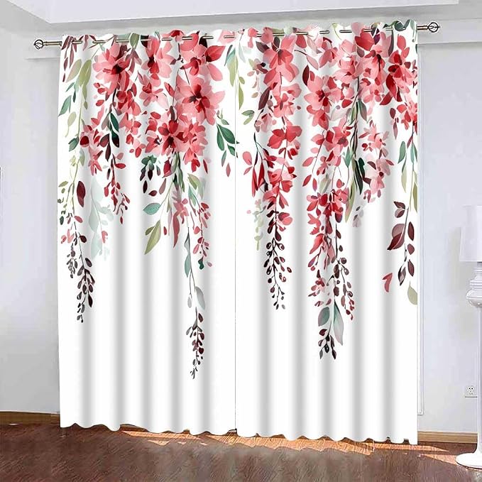Red Watercolor Floral Curtains 84 inches Long, Botanical Leaves Vine Flowers Rustic Farmhouse Curtains, Blackout Window Treatment Drapes for Bedroom Living Room 42x84inch, 2 Panels