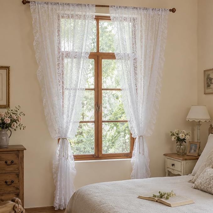 TUDECO Sheer Floral Curtains 108 Inches Long - Romantic White Lace Curtains for Living Room Rod Pocket Embroidered See Through Coquette Voile Window Decor 2 Panles, 59 x 108 Inches, White