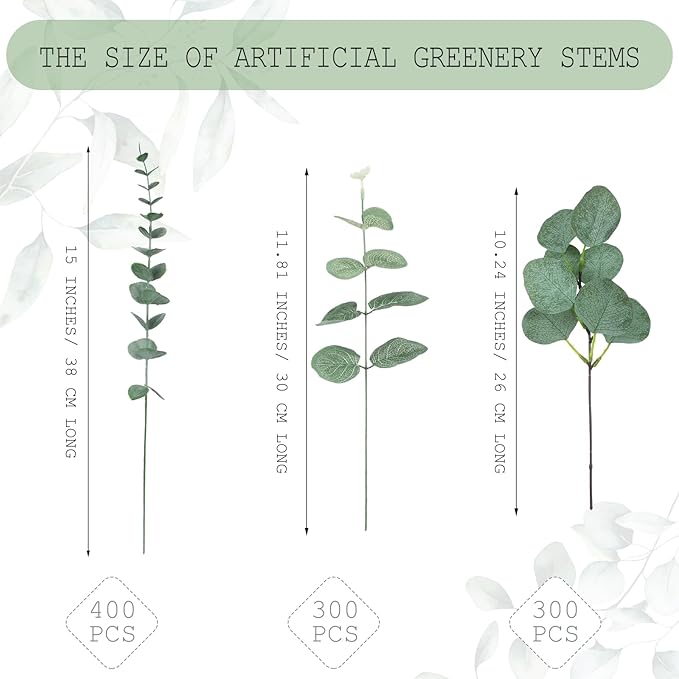 Giegxin 1000 Pcs 3 Kinds Mixed Artificial Eucalyptus Leaves Stems Bulk Silver Dollar Leaves Picks Dried Eucalyptus Bundle Faux Spray for Wedding Vase Bouquet Floral Arrangement (Green)
