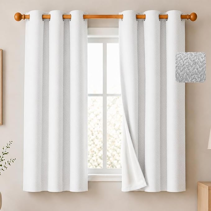 2 Panels 100% Blackout Linen-Textured Curtains, Thick Thermal Insulated Grommet Drapes with Subtle Herringbone Weave, Luxury Decor for Bedroom/Living Room, 37 x 54 Inches, Off-White