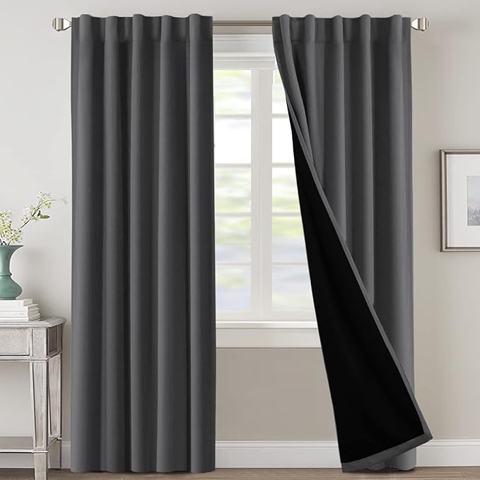 H.VERSAILTEX 100% Blackout Curtains for Bedroom with Black Liner Full Room Darkening Curtains Thermal Insulated Back Tab/Rod Pocket Window Drapes for Living Room, 2 Panel, 42 x 84 Inch, Charcoal Grey