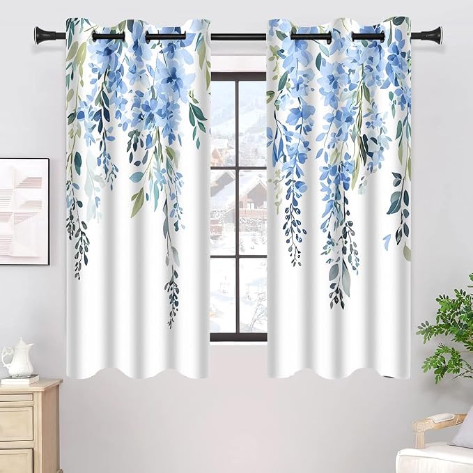 Blue Watercolor Floral Curtains, 42x63 inch, 2 Panels | Botanical Leaves Vine Flowers, Rustic Farmhouse Style, Blackout Window Treatment, For Bedroom Living Room