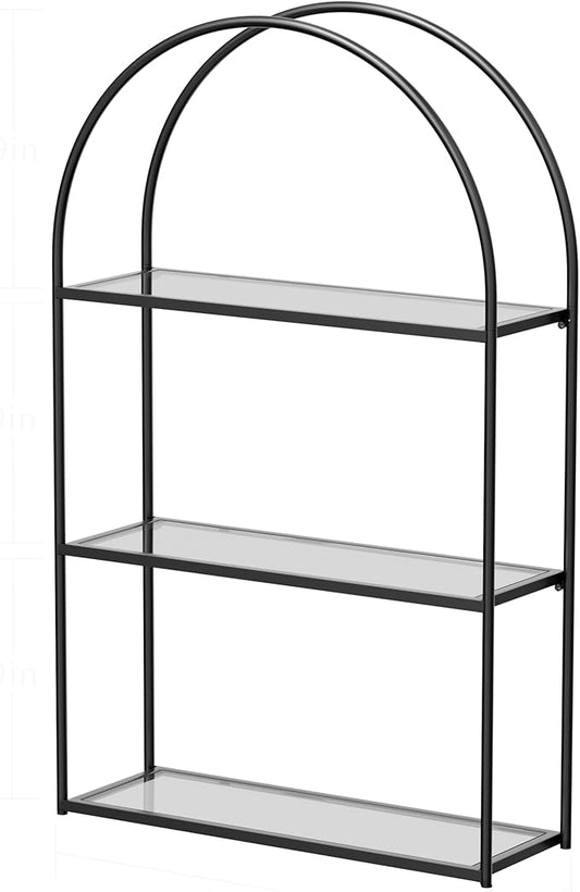Crofy 3-Tier Arched Wall Shelf with Black Frame & Transparent Shelves | Sturdy Tempered Clear Glass Shelves with Ample Storage Space; Decor for Living Room, Bath, Kitchen, Vanity & Home Office