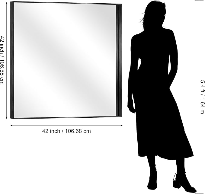 CIRCUMI Black Bathroom Mirror, 42"x42" Rectangular Mirror with Deep Metal Frame, Brushed Finish, Tempered Glass, Mirror for Wall, Oversink, Bedroom, Installed Vertically/Horizontally, Crystal-Clear