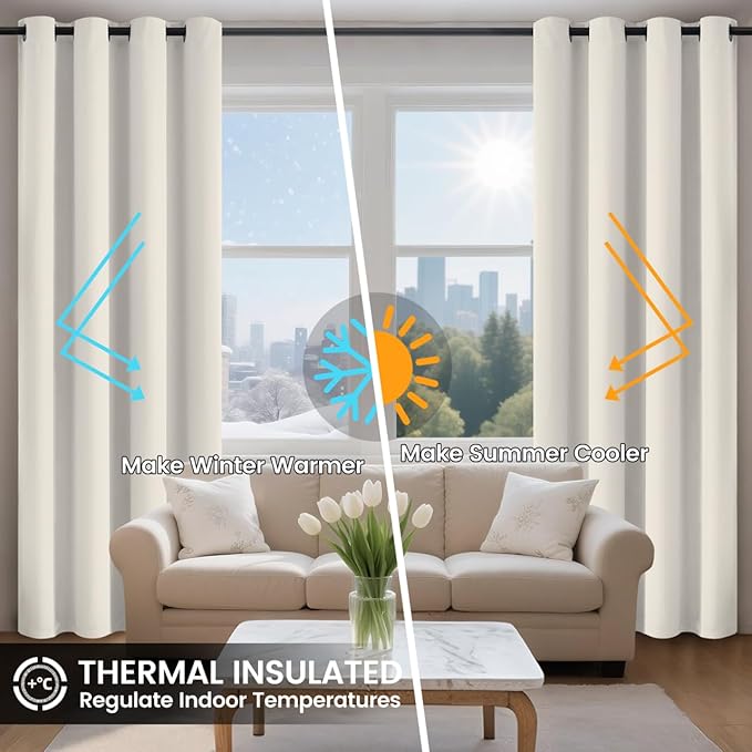 COSVIYA 100% Cream Blackout Curtains for Bedroom Living Room 54 Inches Length 2 Panels Set, Full Light Blocking Thermal Insulated Grommet Nursery Window Treatment Drapes with Black Liner,W52 x L54