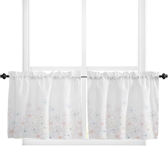 Kitchen Tier Curtains 24 inches Long, Line Cherry Blossom Design Simple Flower Window Curtains for Living Room Bath Cafe,Rod Pocket Light Filtering Drapes Short Half Window Treatment Tiers 2 Panels