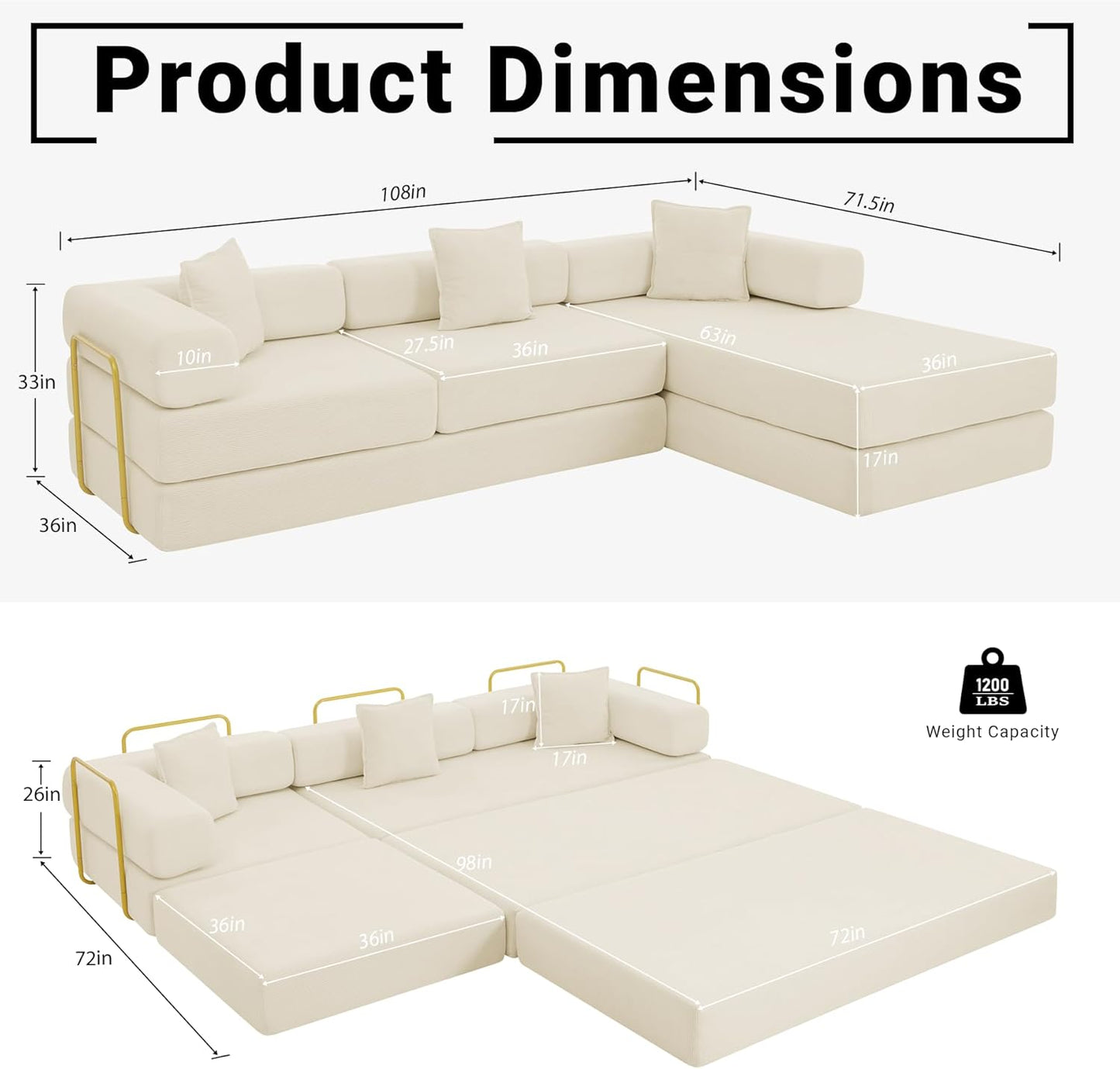 108" Oversized Convertible Sleeper Sofa Bed, Corduroy L Shape Sectional Couch, Folding Sofa Bed with Side Pocket, Modern Cloud Floor Mattress Couch, Modular Sofa for Living Room, Beige