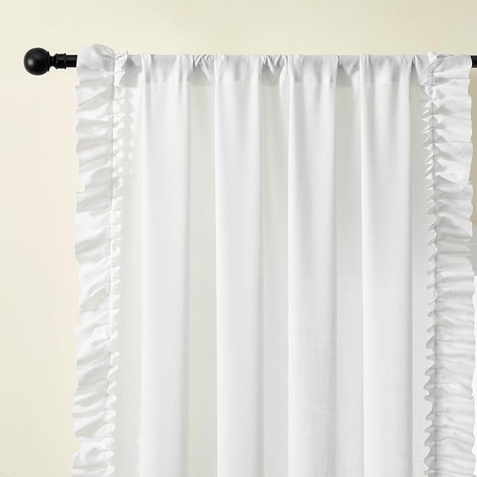 White Ruffled Curtains 72 Inch Length 2 Panels, W58 x L72 In, Linen Textured Scalloped Ruffle Curtains for Living Room Rod Pocket Privacy Light Filtering Semi-Sheer Farmhouse Flowy Boho Window Curtain