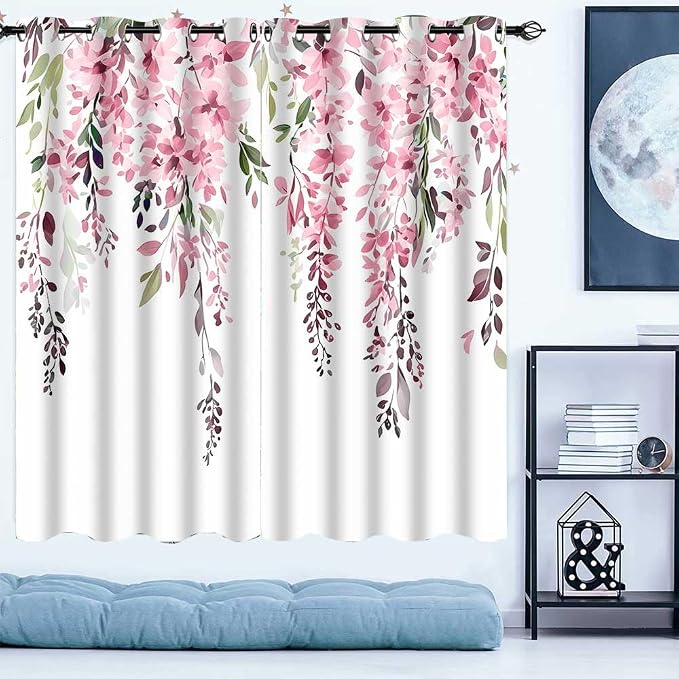 Pink Watercolor Floral Curtains, 42x63 inch, 2 Panels | Botanical Leaves Vine Flowers, Rustic Farmhouse, Blackout Window Treatment Drapes, For Bedroom Living Room