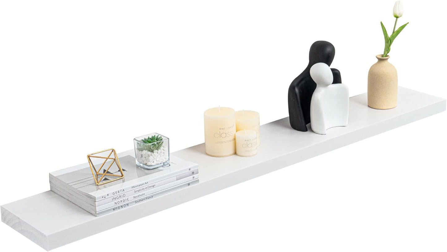 Fun Memories 48 Inch Floating Shelves for Wall, Deep Rustic Solid Pine Wood Shelf - Farmhouse Wall Mounted Display Shelf with Heavy-Duty Metal Bracket, 48" W x 8" D, Set of 1, White