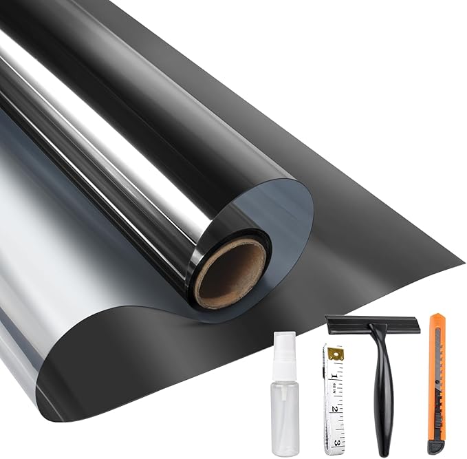 KESPEN One Way Window Privacy Film, Reflective Heat Sun Blocking Window Tint, See Out Not in(Light Outside Strong Than Inside) Window Films for Home Door, 35.4 Inch X 196.8 Inch, Black-Silver