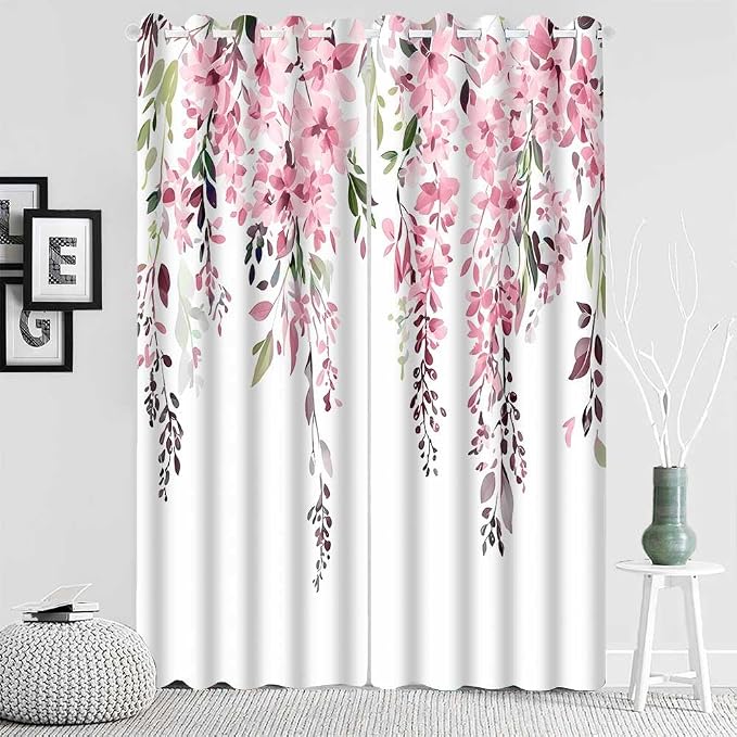 Pink Watercolor Floral Curtains, 42x84 inch, 2 Panels | Botanical Leaves Vine Flowers, Rustic Farmhouse, Blackout Window Treatment, For Bedroom Living Room