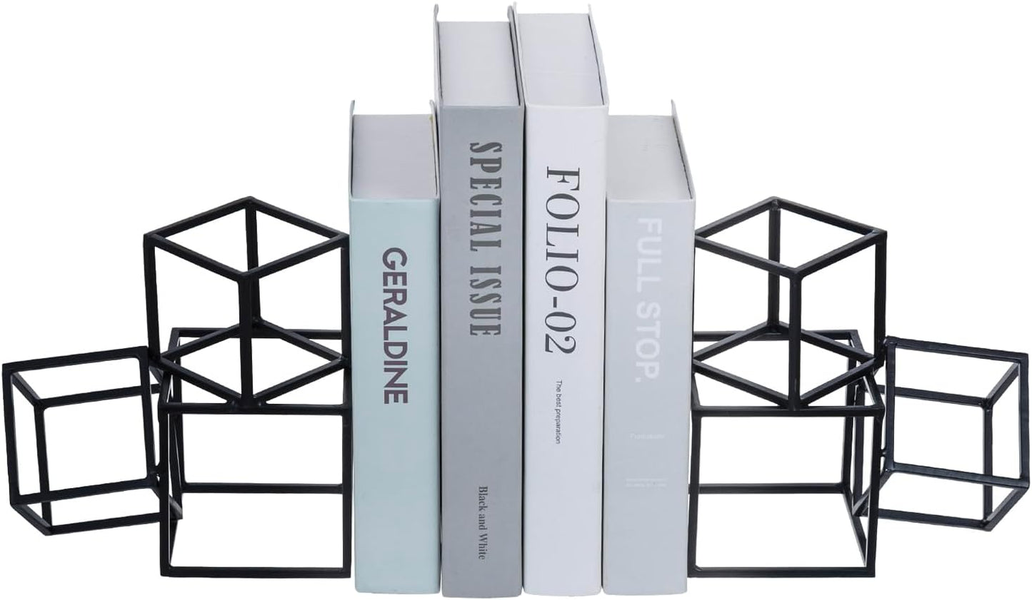 MyGift Modern Matte Black Metal Geometric Bookends in 3 Cube Frame Design, Decorative Book Stands for Home Library Bookshelf Office Desk, 1 Pair, Handcrafted in India