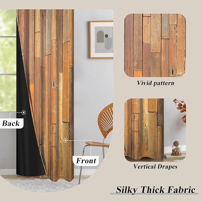 Wooden Curtains Vertical Planks Wooden Window Curtains Rustic Wooden Barn Door Grain Cottage Hardwood Garage Door Bedroom Living Room Window Drapes Decor with Grommets,53x72 inch,2 Panels