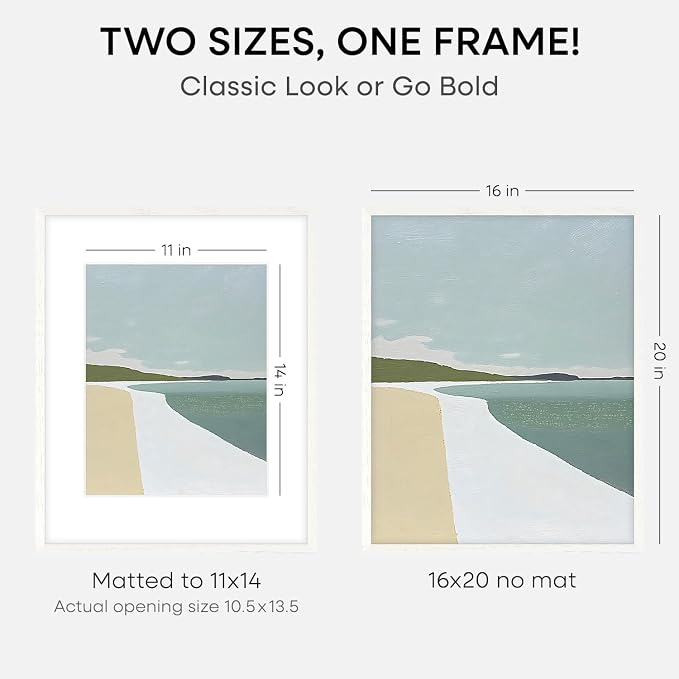 Homeforia 16x20 White Picture Frame, High End Oak 16x20 White Wood Frame with Mat 11x14 Photo, 16 x 20 Wooden Poster Frames Matted to 11 by 14, 20x16 Hanging Frames, Tempered Glass, Wall Kit, Set of 3