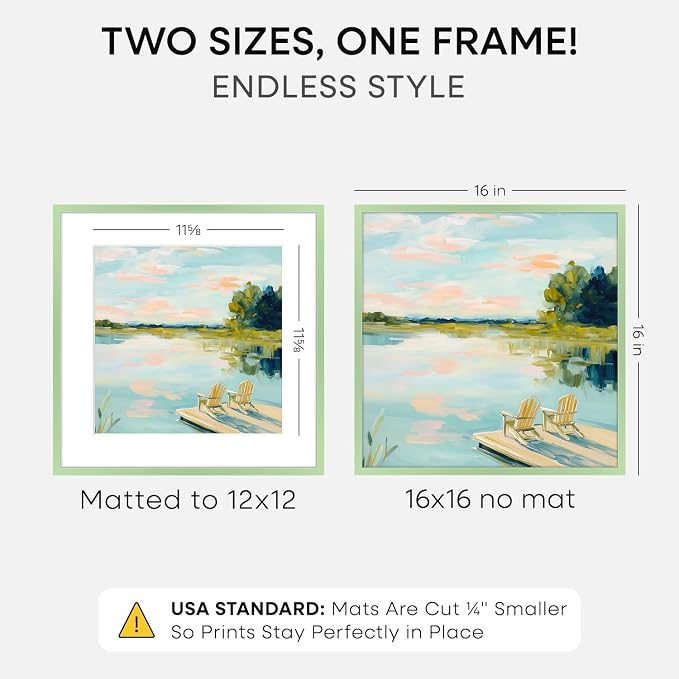 Homeforia 16x16 Picture Frame Sage Green, High End Metal 16 x 16 Square Poster Frames with Mat 12 x 12 Photo, 16x16 Frame Matted to 12x12 Art, 16by16 Hanging Frames, Tempered Glass, Wall Kit, Set of 1