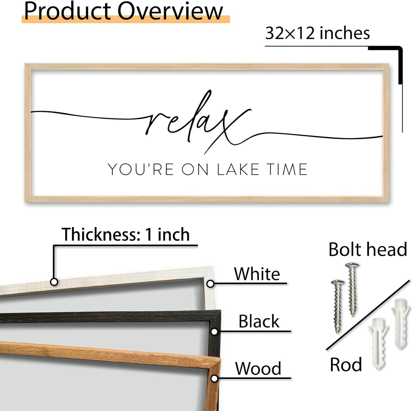 SRSZHIYUE Relax You're On Lake Time Wall Decor Above Bed Sign 32"×12" for Lake House Bedroom Over Bed Large Wood Framed Hanging Art (Wood)