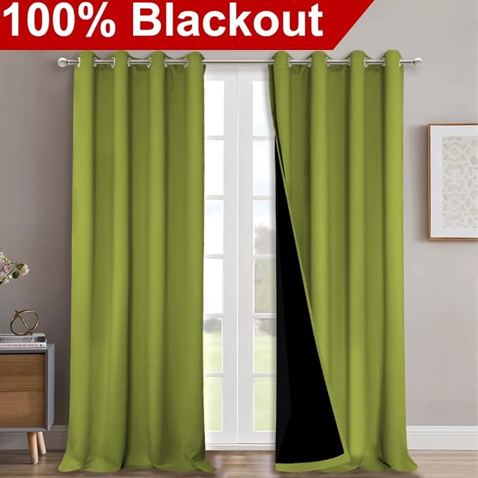 NICETOWN Full Shading Curtains for Windows, Fresh Green, Pack of 2, 52 inches W x 95 inches L, Super Heavy-Duty Black Lined Blackout Curtains for Bedroom, Privacy Assured Window Treatment