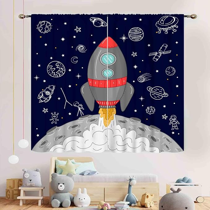Kids Space Curtains for Boys Room, Cartoon Rocket Universe Galaxy Space Planets Navy Blackout Kids Window Drapery Treatments for Bedroom Living Room Nursery Playroom 2 Panels, 42"x45" Inch