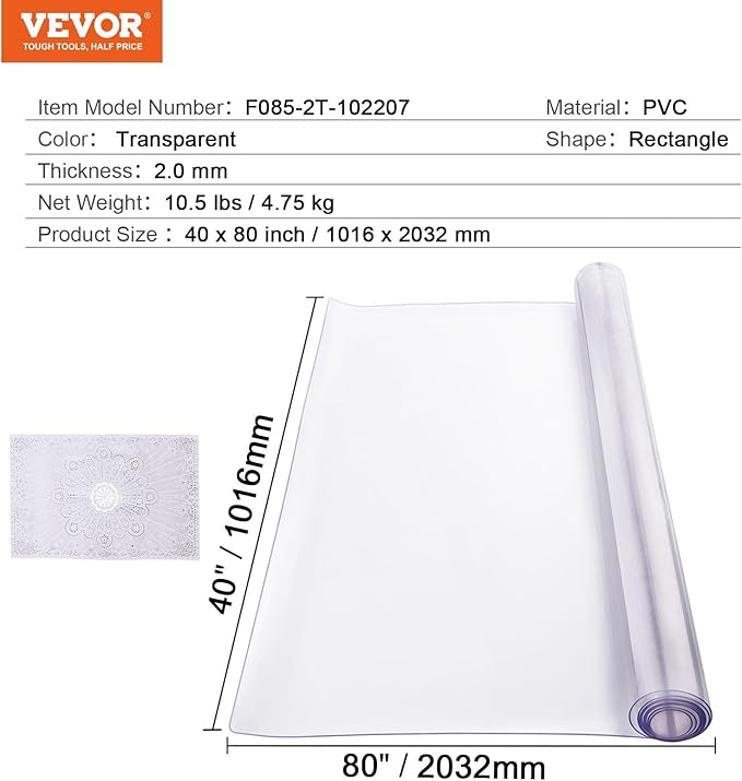 VEVOR Plastic Table Cover, 40 x 80 Inch 2.0 mm Thick Rectangle Clear PVC Mat Protector, Waterproof & Easy Cleaning Desk Pad Tablecloth, for Office, Dresser, Dining Room, Night Stand