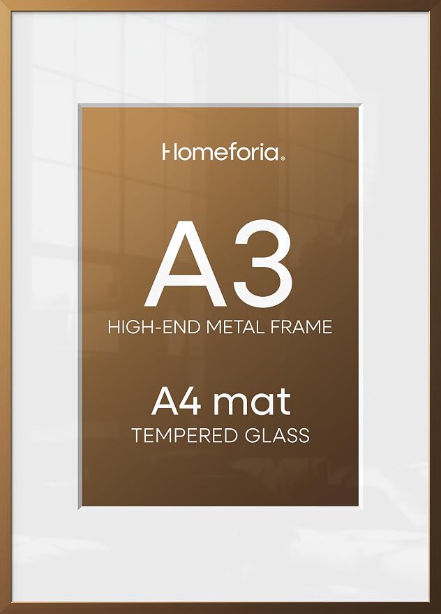 Homeforia A3 Picture Frame Bronze, High End Metal 11.7 x 16.5 inch Brass Poster Frames with Mat 8.3 by 11.7 Print, A3 Size Frames Matted to A4 Photo, 11.7by16.5 Hanging Frame, Tempered Glass, Set of 3