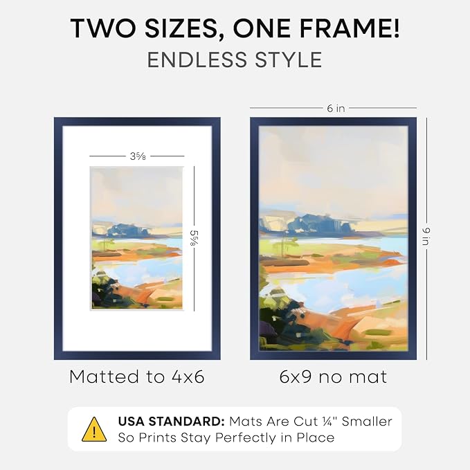 Homeforia 6x9 Picture Frame Navy Blue, High End Metal 6 x 9 Frames with Mat 4 x 6 for Print, 6by9 Desk Frame Matted to 4x6 inch Photo, 6 by 9 Wall or Tabletop Frame, Tempered Glass, Wall Kit, Set of 2