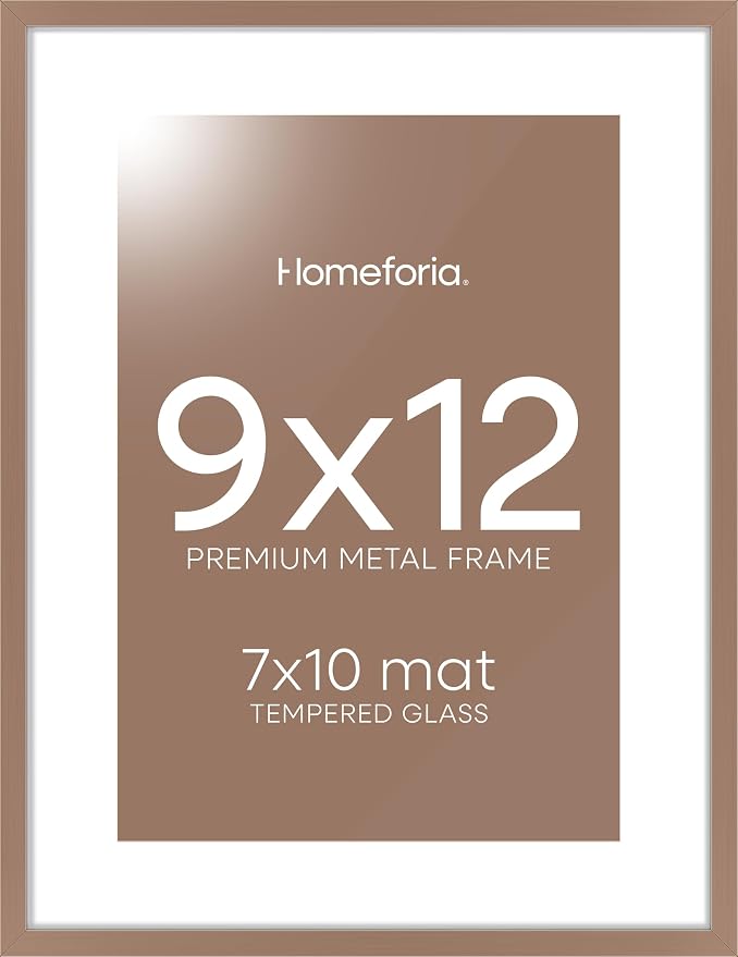 Homeforia 9x12 Picture Frame Mocha, High End Metal 9 x 12 Poster Frames with Mat 7 by 10 inch Photo, 9by12 Frame Matted to 7x10 in Art, 12x9 Wall or Tabletop Frames, Tempered Glass, Wall Kit, Set of 2