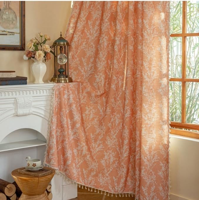 OYX Orange Floral Curtains 63 Inch Long 2 Panels, French Vintage Farmhouse Patterned Decor Window Drapes with Tassels, Girls Semi-Sheer Light Filtering for Bedroom Living Room (Rod Pocket, 52Wx84L)