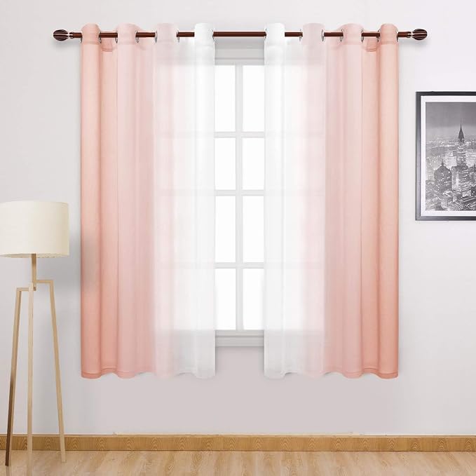 DWCN Blush Pink Faux Linen Ombre Sheer Curtains - Gradient Semi Voile Curtains for Girls Bedroom and Nursery, Set of 2 Grommet Top Window Curtain Panels, 52 x 72 Inches Long