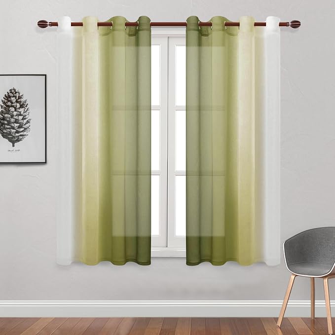 DWCN Ombre Sheer Curtains - Faux Linen Gradient Semi Voile Grommet Top Bedroom and Living Room Curtains, Set of 2 Window Curtain Panels, 52 x 63 Inch Length, Olive Green