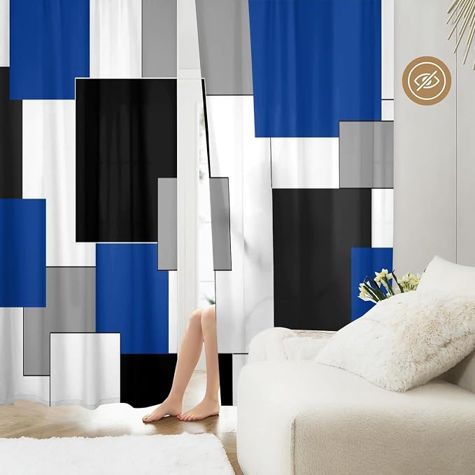 Blue and Black Curtains for Living Room 84 Length Geometry Curtains Modern White Blue Abstract Rod Pocket Curtain for Bedroom Kitchen Room Window Drapes 2 Panels
