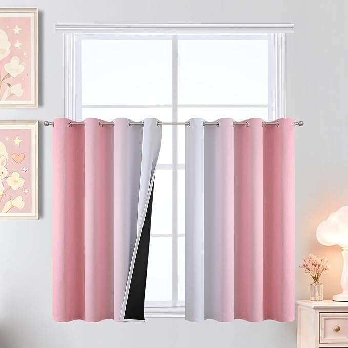 Estelar Textiler Pink and Greyish White Ombre Blackout Curtains 36 Inch Long for Kids Bedroom, Room Darkening Thermal Insulated Grommet Gradient Window Drapes for Living Room/Nursery, 52Wx36L,2 Panels