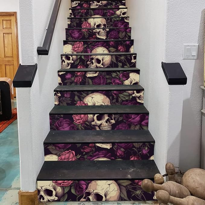 REDAMANCY Vintage Purple Rose Floral Skull Gothic Peel and Stick Vinyl Stair Riser Decals Staircase Tile Stickers Decor Modern Marble Decoration Self-Adhesive(14 Pcs)