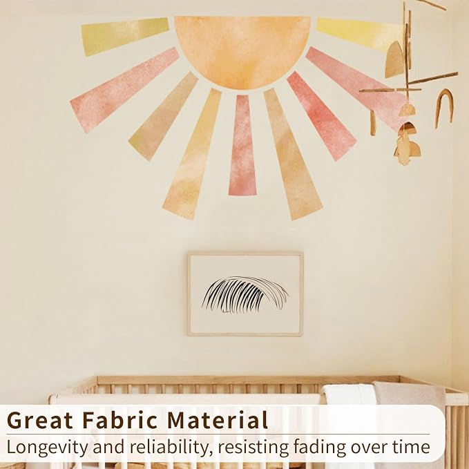 Large Fabric Watercolor Boho Half Sun Wall Decal Peel and Stick, Pastel Sunrise Backdrop Murals Stickers, Sunshine Wall Art Decor for Kids Room Playroom Nursery Bedroom, 48.03" x 28.74"